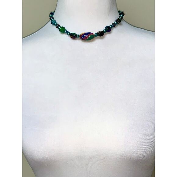 Boho Colorful Painted Iridescent Glass Beaded Choker Statement Necklace - Picture 7 of 7